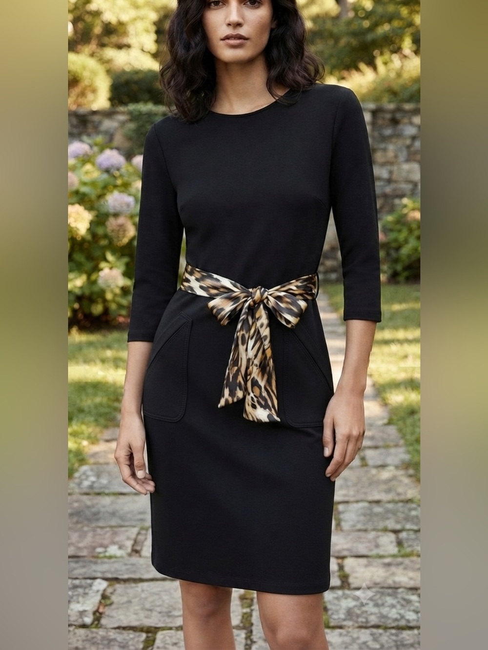 Zara Black Stretch Knit Midi 
Dress with Animal Print Tie
Size M
